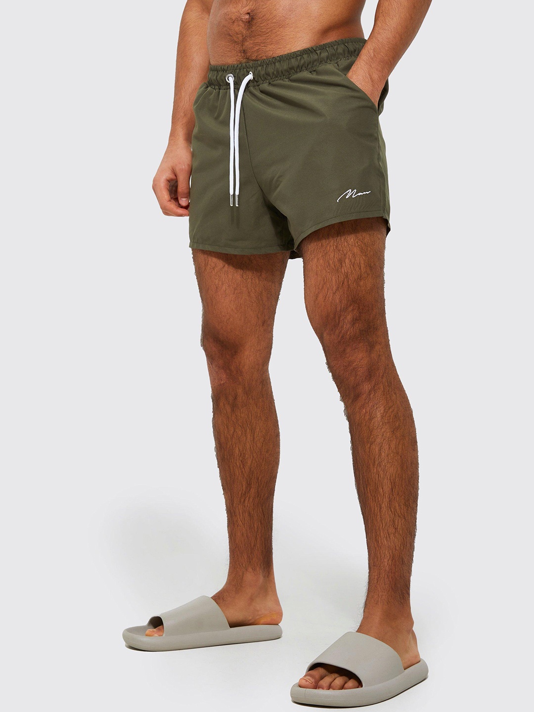 

boohooMAN Solid Mid-Rise Swim Shorts, Olive