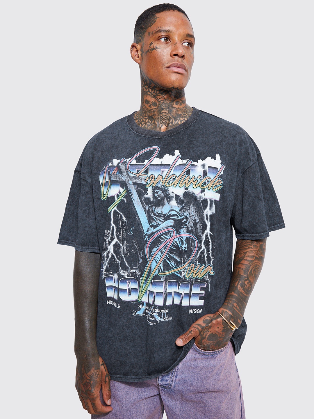 

boohooMAN Pure Cotton Acid Wash Effect Graphic Oversized T-shirt, Navy blue