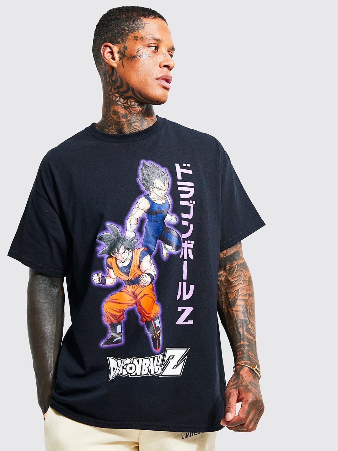 

boohooMAN Oversized Dragonball-z Printed Drop-Shoulder Sleeves T-shirt, Navy blue