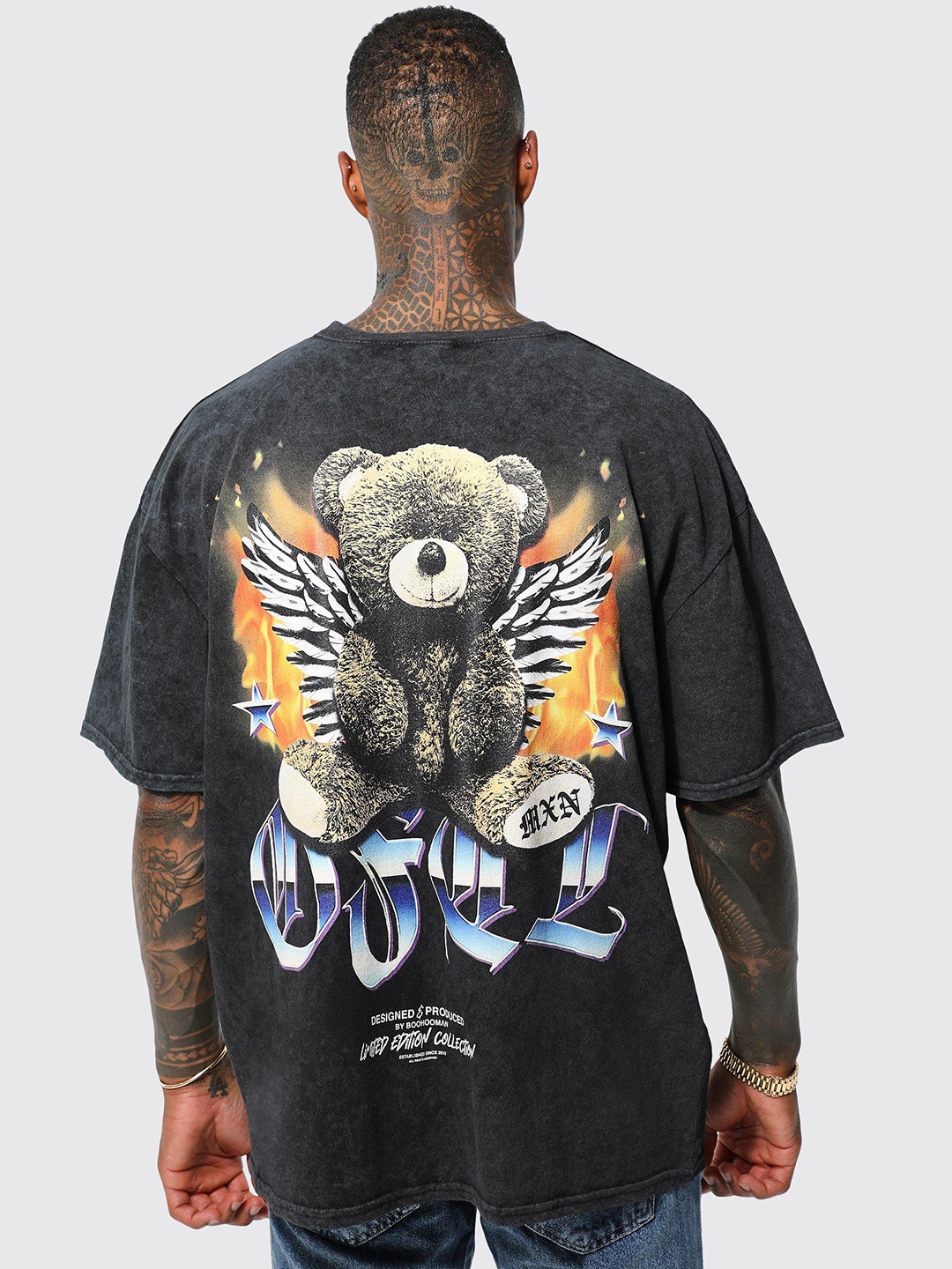 

boohooMAN Graphic Print Acid Wash Oversized T-shirt, Charcoal