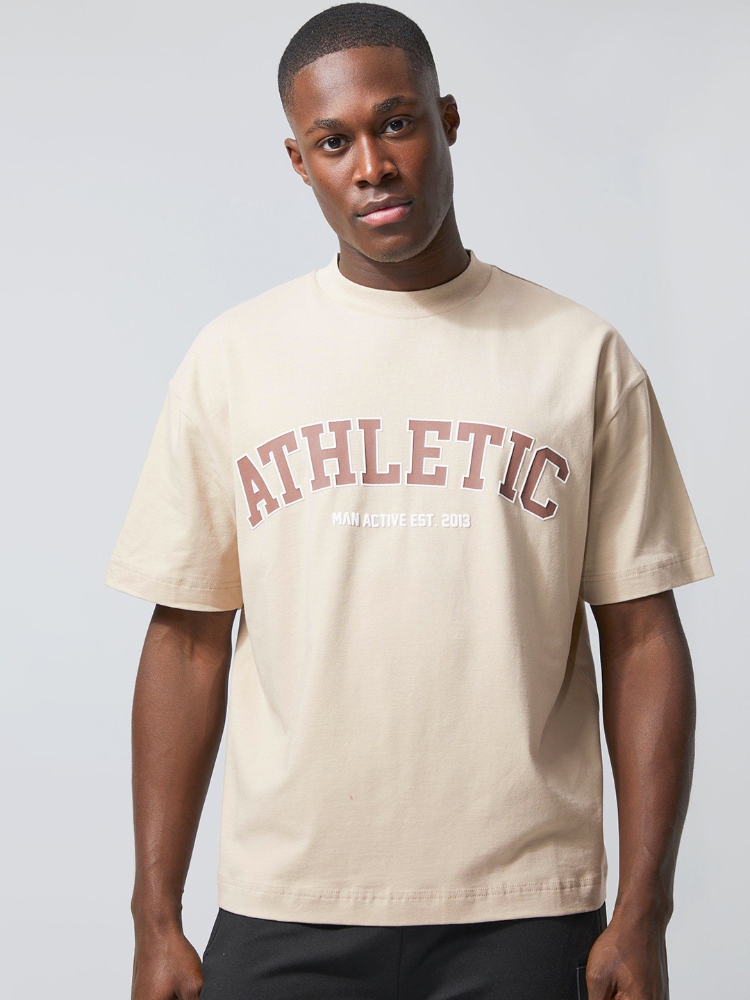 

boohooMAN Typography Printed Boxy Gym T-shirt, Beige