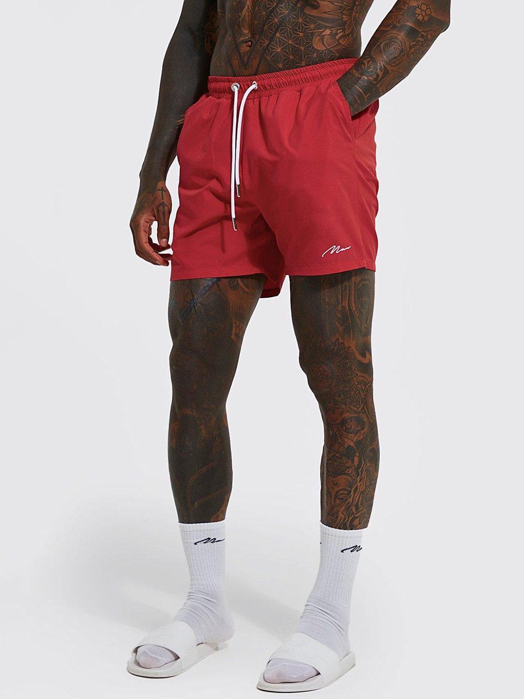 

boohooMAN Solid Mid-Rise Swim Shorts, Red