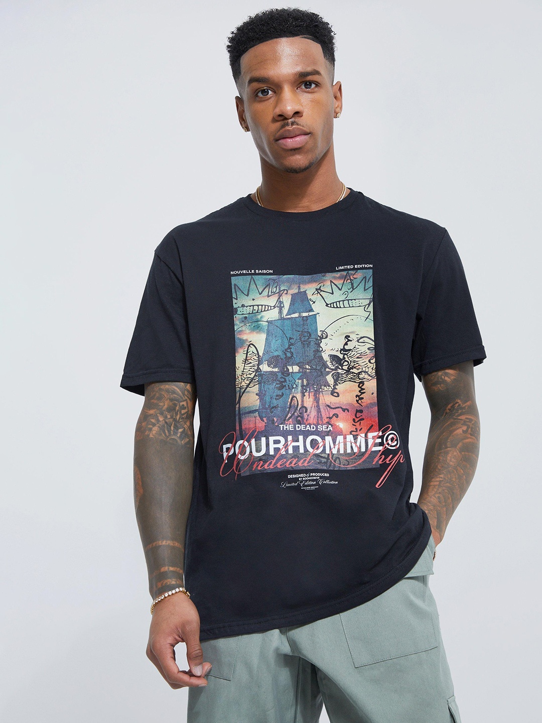 

boohooMAN Typography Printed Pure Cotton Oversized T-shirt, Navy blue
