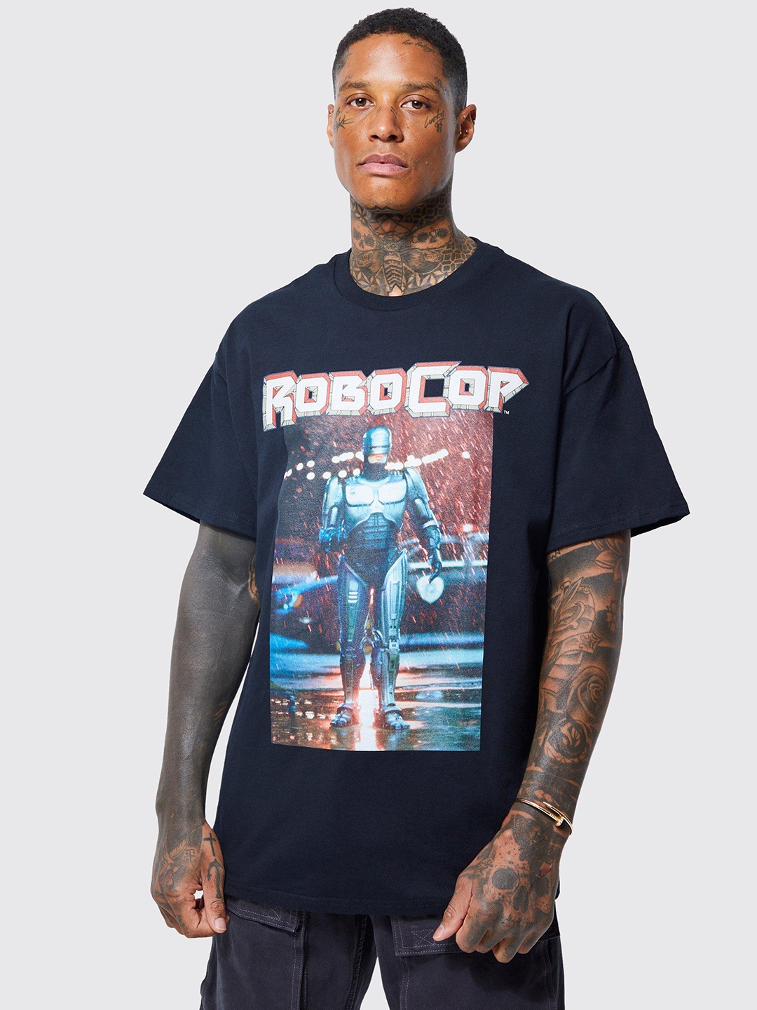 boohooMAN Graphic Print Pure Cotton Oversized T-shirt, Black
