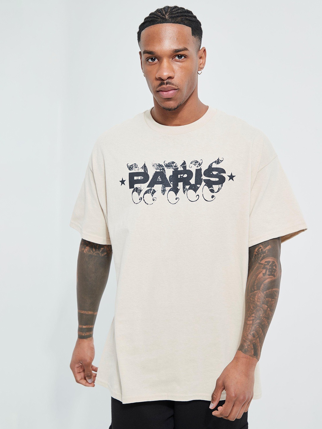 

boohooMAN Oversized Paris Print Drop-Shoulder Sleeves T-shirt, Taupe