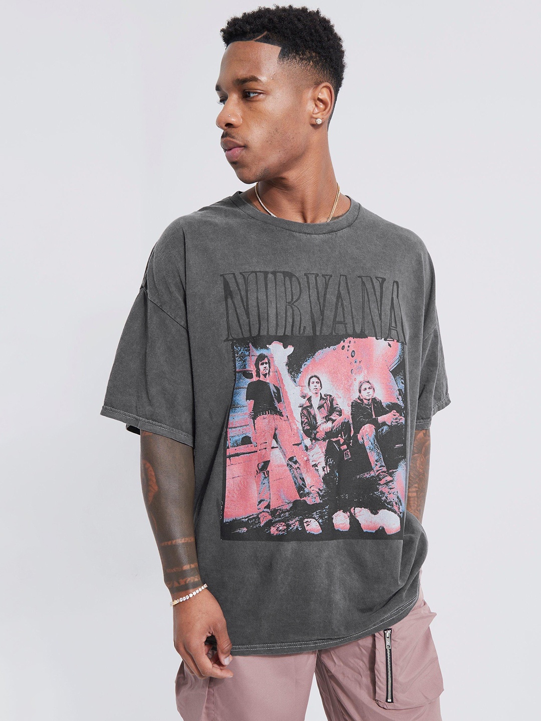 

boohooMAN Nirvana Overdyed Drop-Shoulder Sleeves Pure Cotton T-shirt, Grey