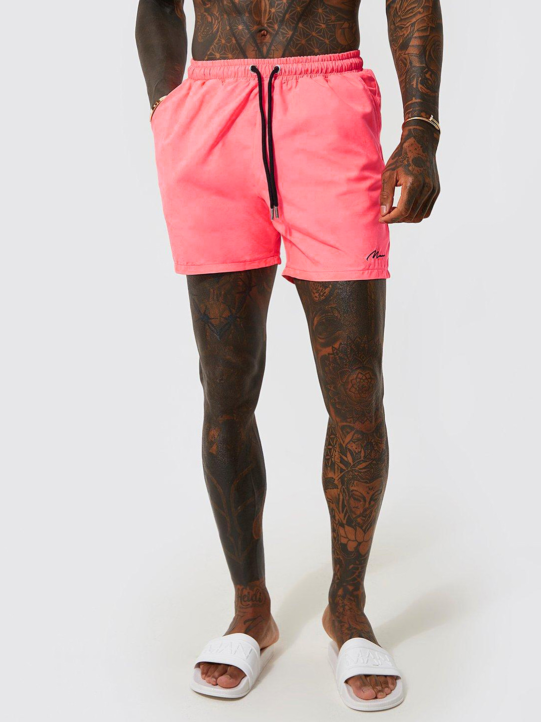 

boohooMAN Solid Mid-Rise Swim Shorts, Coral