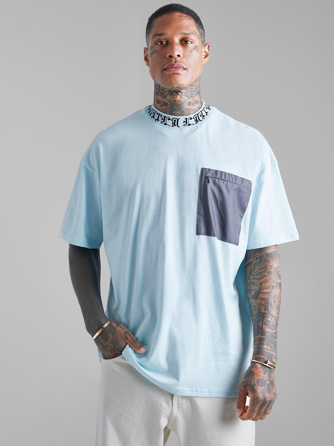

boohooMAN Pure Cotton Contrast Pocket Oversized T-shirt, Blue