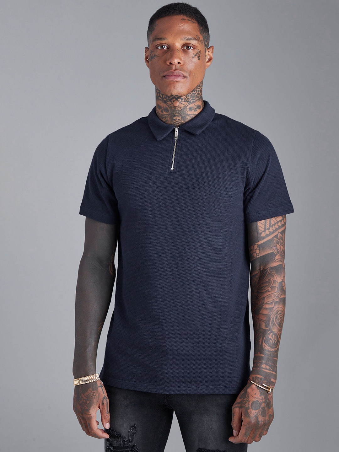 

boohooMAN Jacquard Woven Polo Collar Slim Fit T-shirt, Navy blue