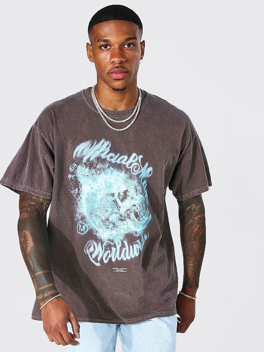 

boohooMAN Oversized Overdyed Graphic Printed Drop-Shoulder Sleeves Pure Cotton T-shirt, Brown