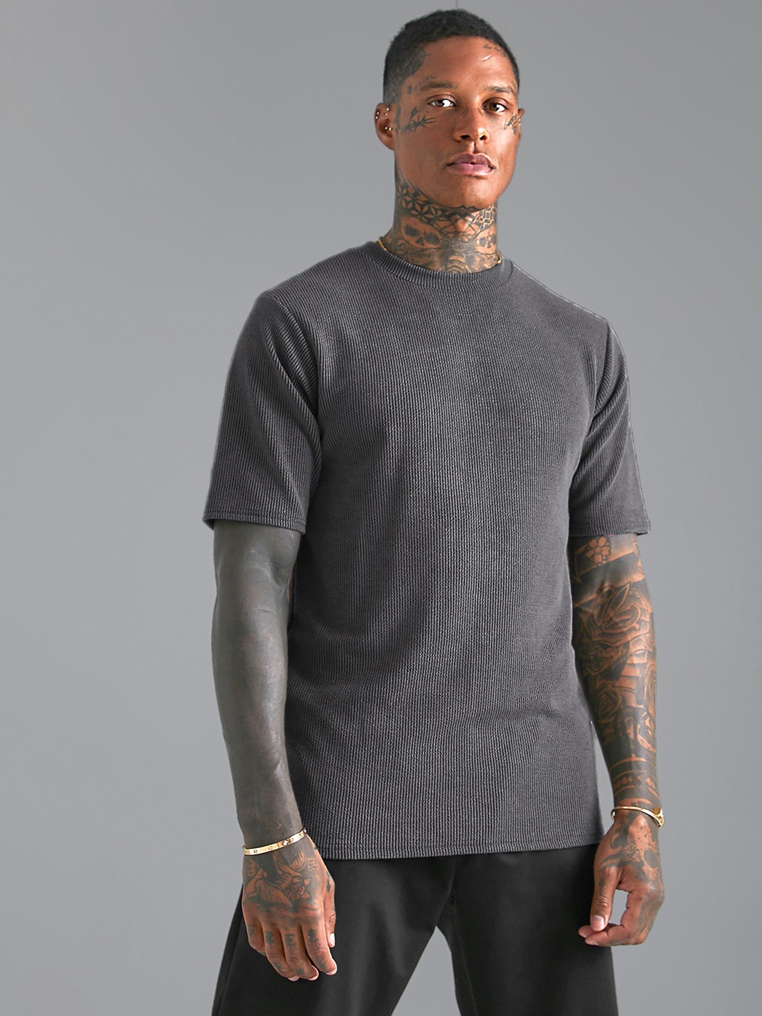 

boohooMAN Slim Fit Ribbed T-shirt, Charcoal