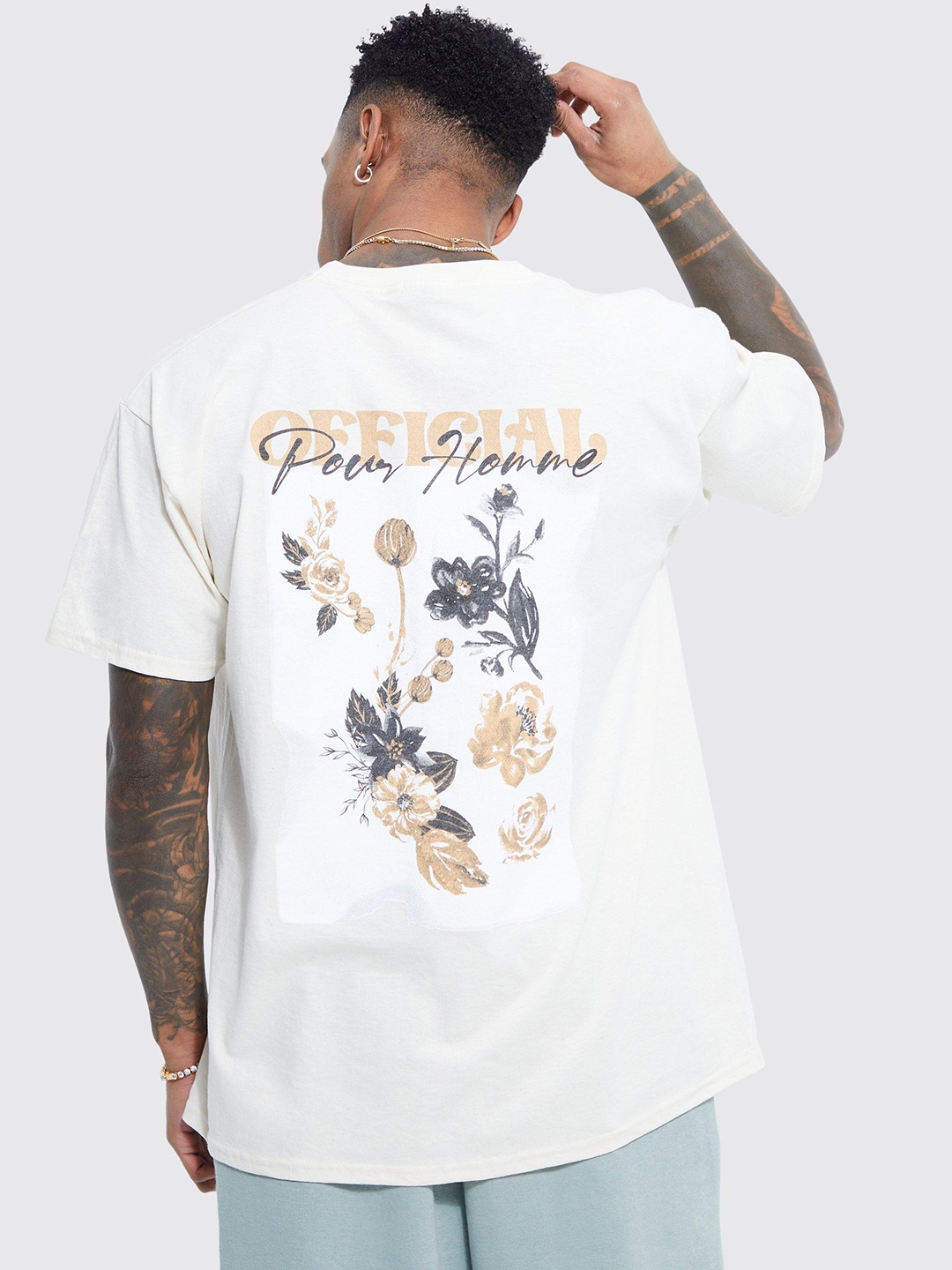 

boohooMAN Oversized Floral Printed Pure Cotton T-shirt, Off white