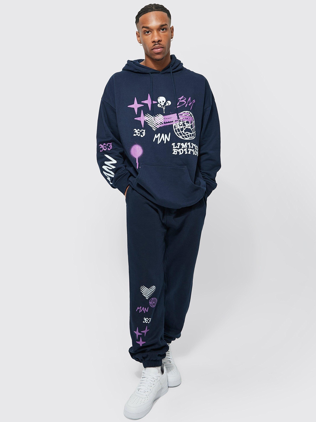 

boohooMAN Typographic Printed Oversized Hooded Tracksuit, Navy blue