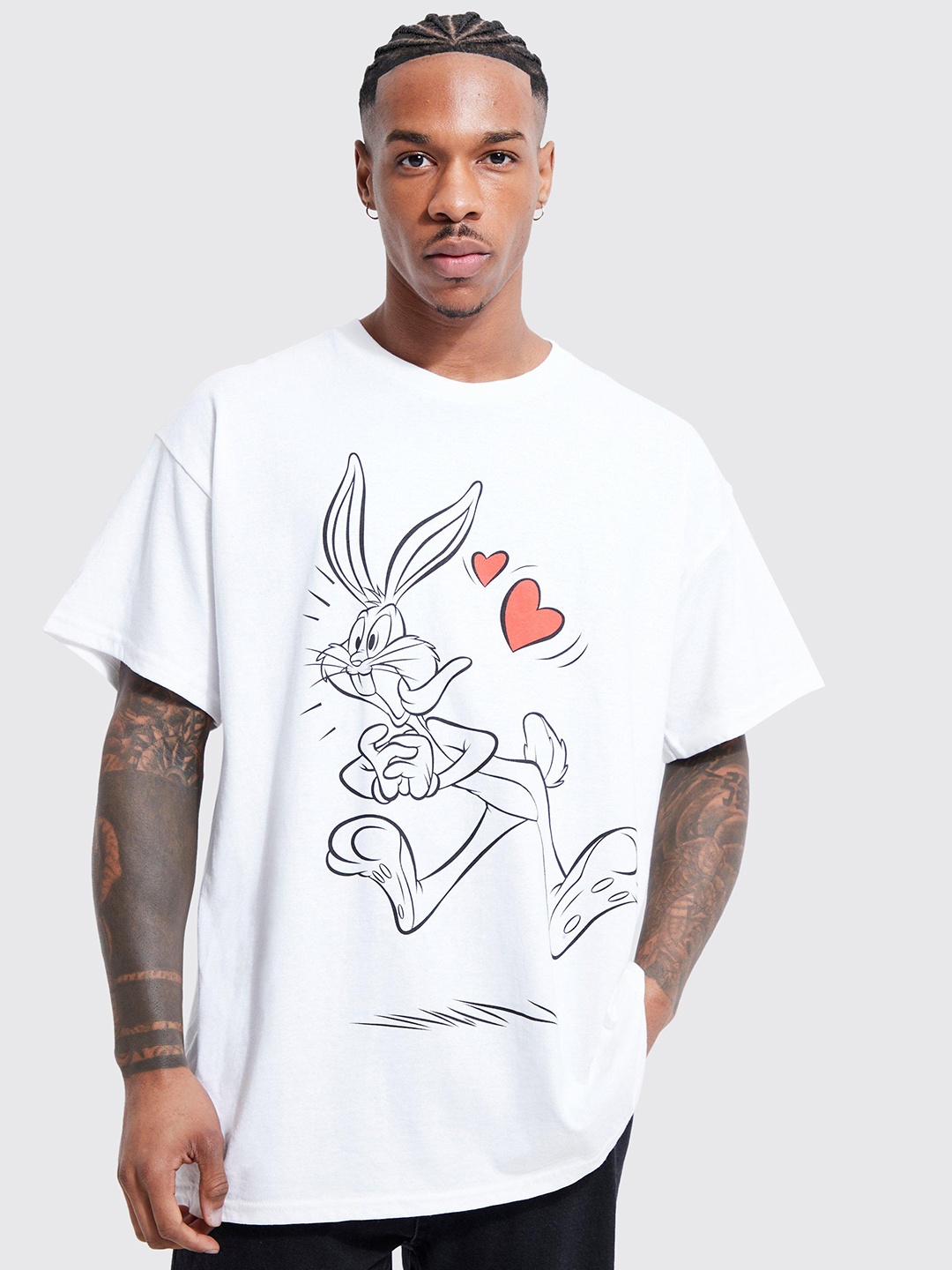 

boohooMAN Bugs Bunny Print Pure Cotton Oversized T-shirt, White