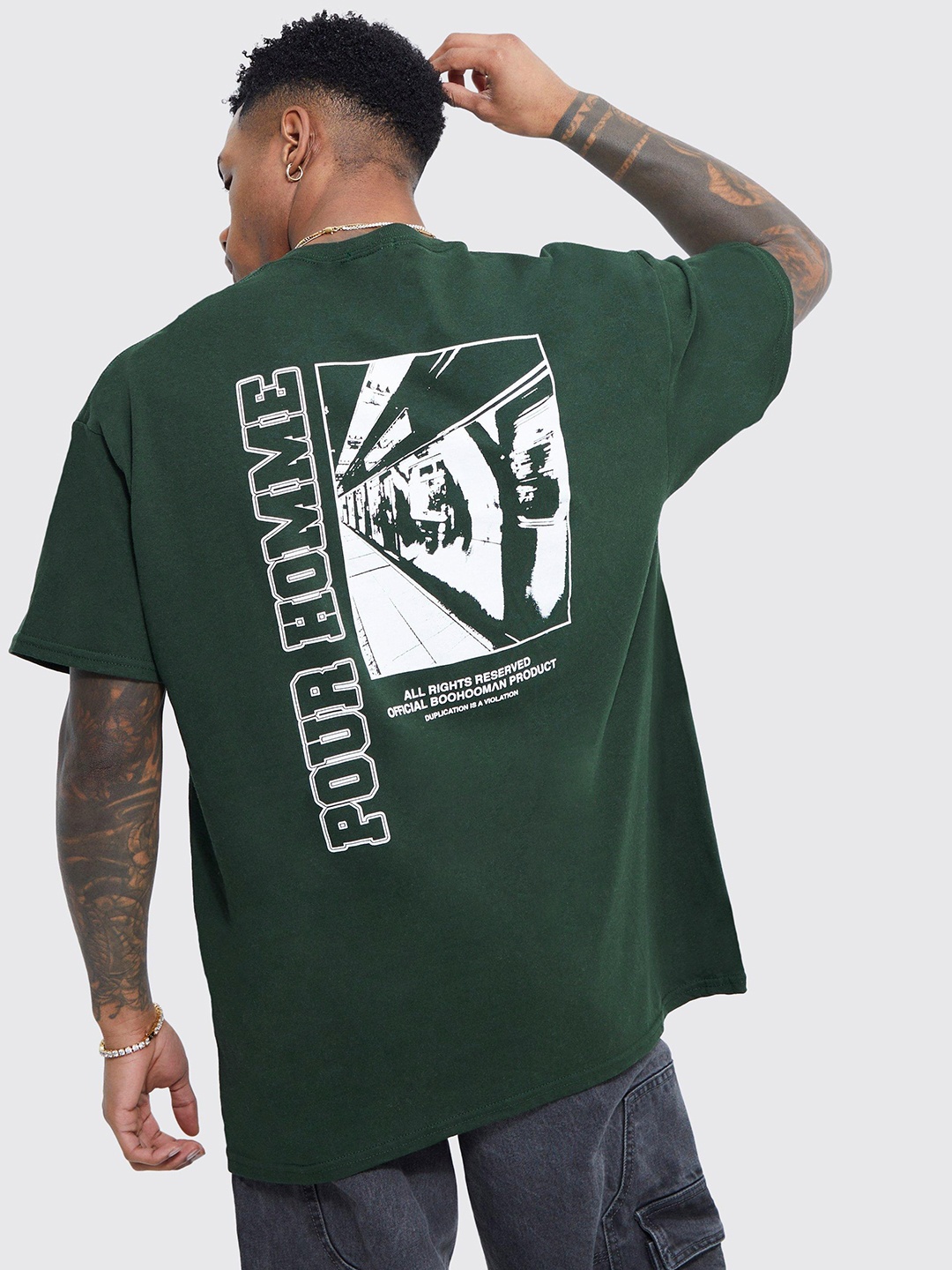 

boohooMAN Printed Drop-Shoulder Sleeves Pure Cotton Oversized T-shirt, Green