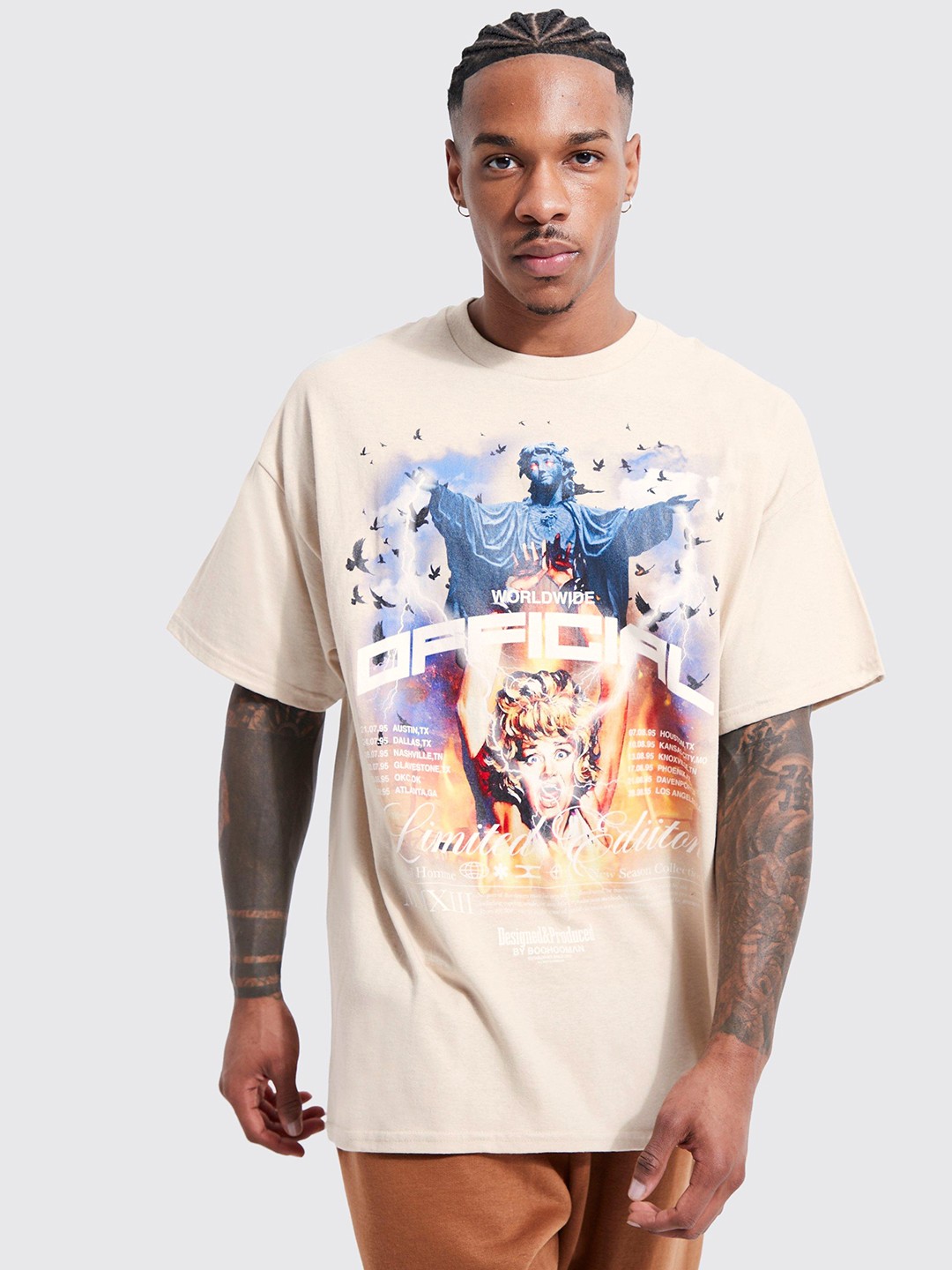 

boohooMAN Graphic Print Oversized T-shirt, Cream