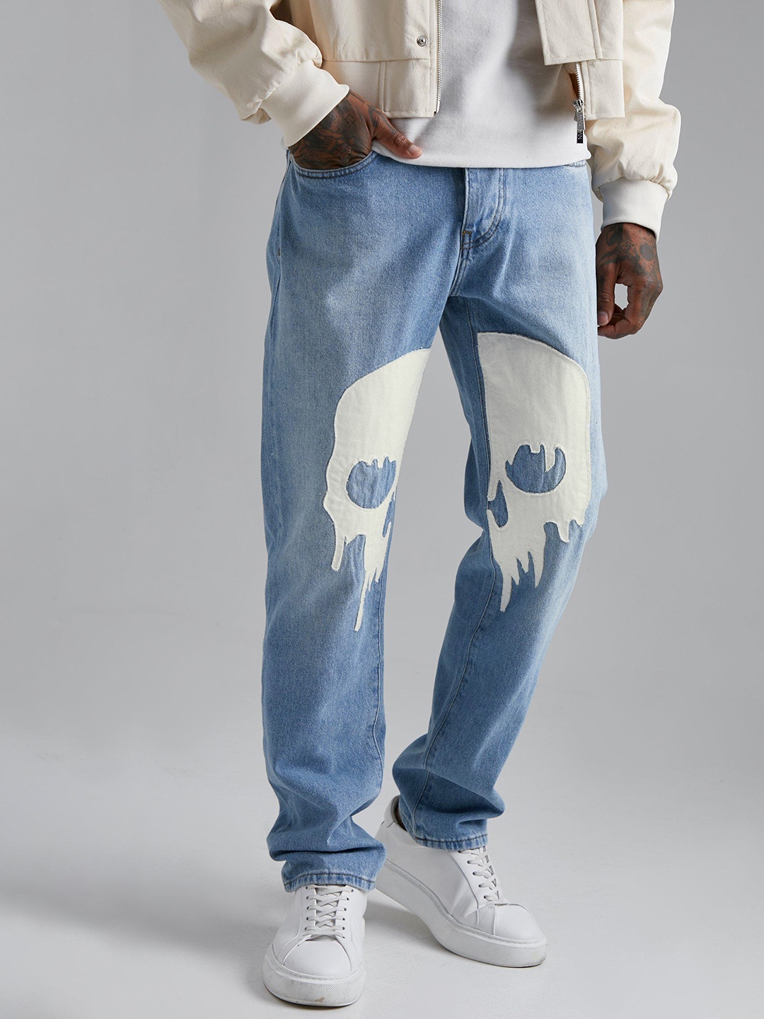 

boohooMAN Straight Fit Light Fade Pure Cotton Applique Jeans, Blue