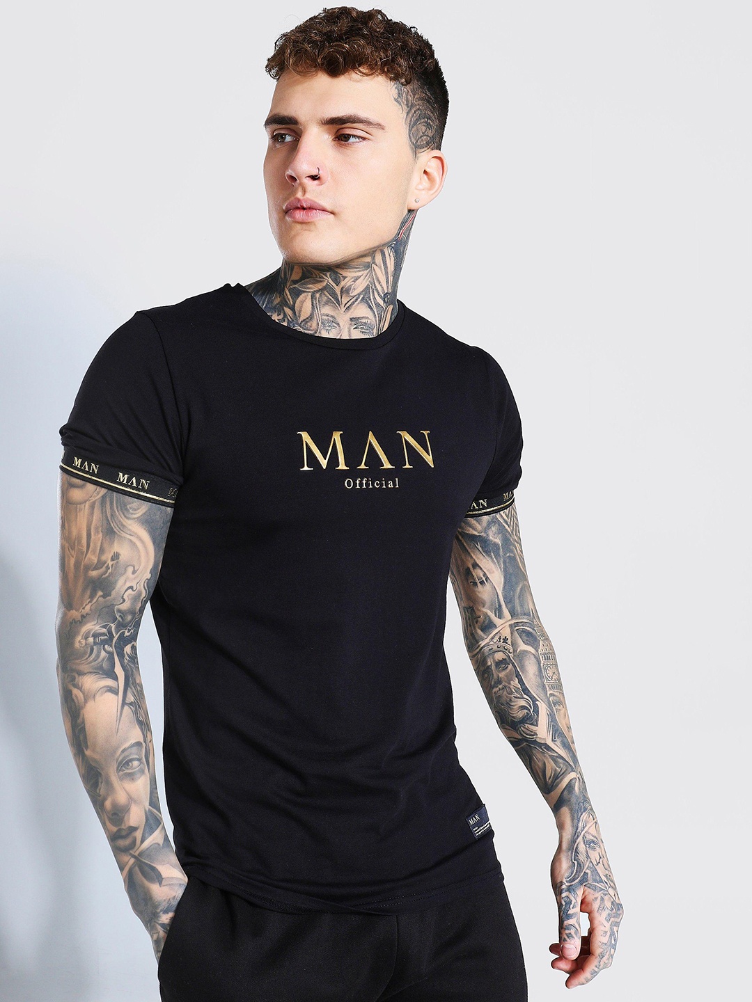 

boohooMAN Brand Logo Printed T-shirt With Taped Cuff, Black