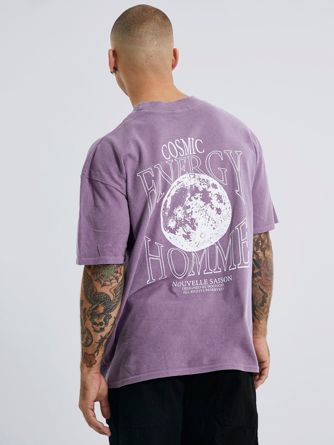 

boohooMAN Oversized Cosmic Energy Printed-Back Drop-Shoulder T-shirt, Purple