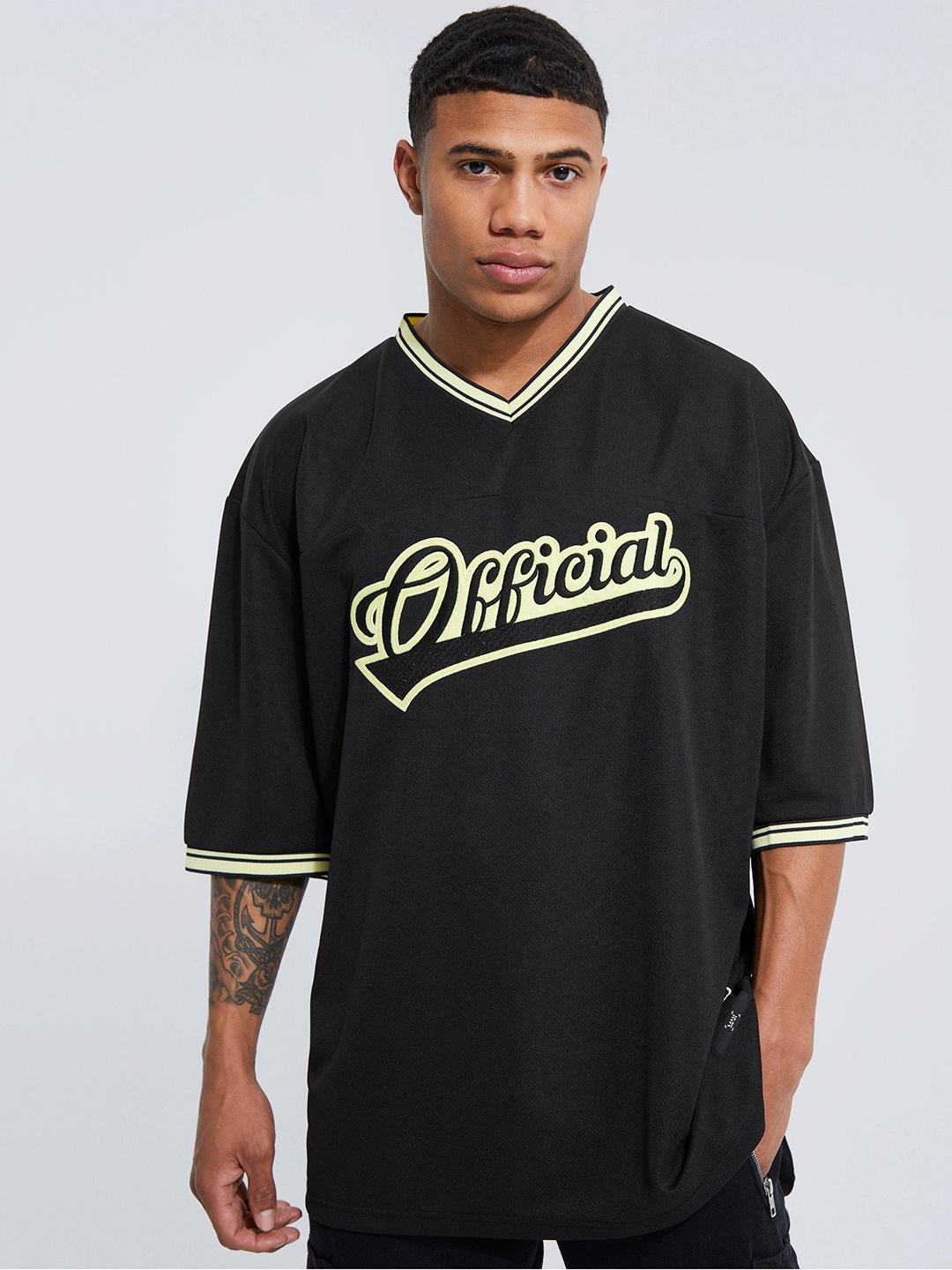 

boohooMAN Typography Printed Varsity Oversized T-shirt, Navy blue