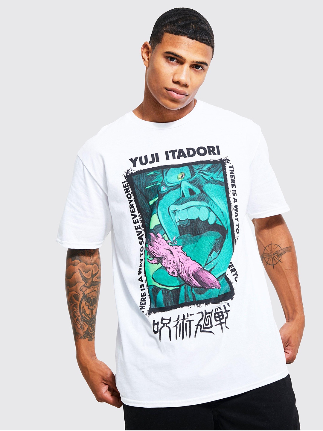 

boohooMAN Men White & Sea Green Printed Drop-Shoulder Sleeves T-shirt
