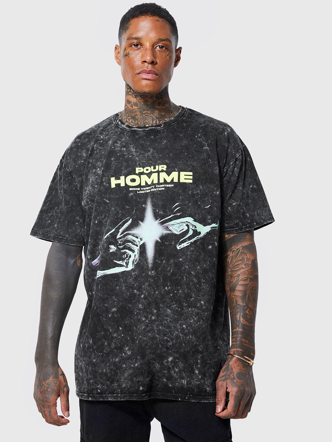 

boohooMAN Oversized Acid Wash Printed Drop-Shoulder Sleeves Pure Cotton T-shirt, Grey