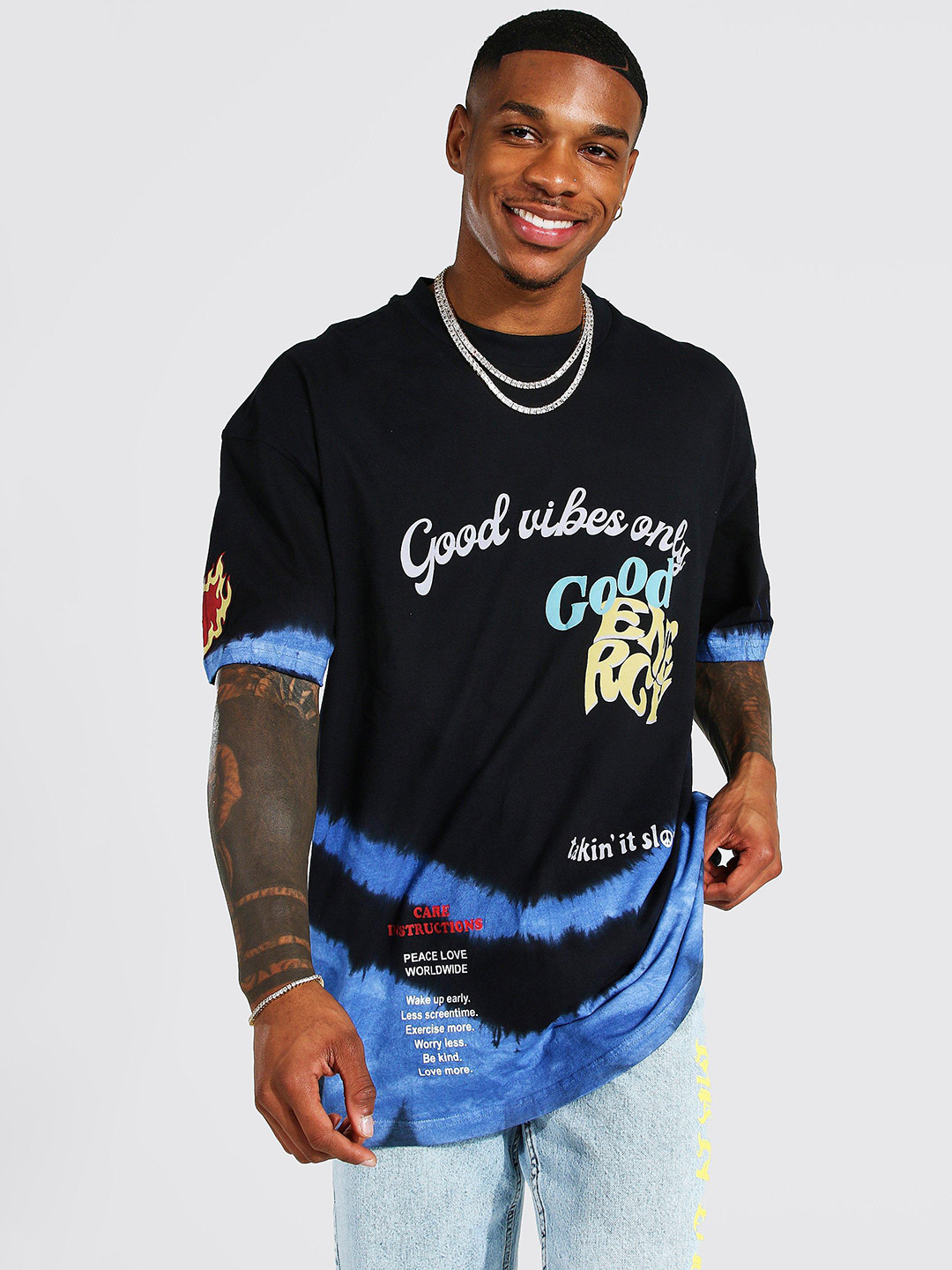 

boohooMAN Men Oversized Heavyweight Slogan Tie Dye Drop-Shoulder Sleeves Oversize T-shirt, Black