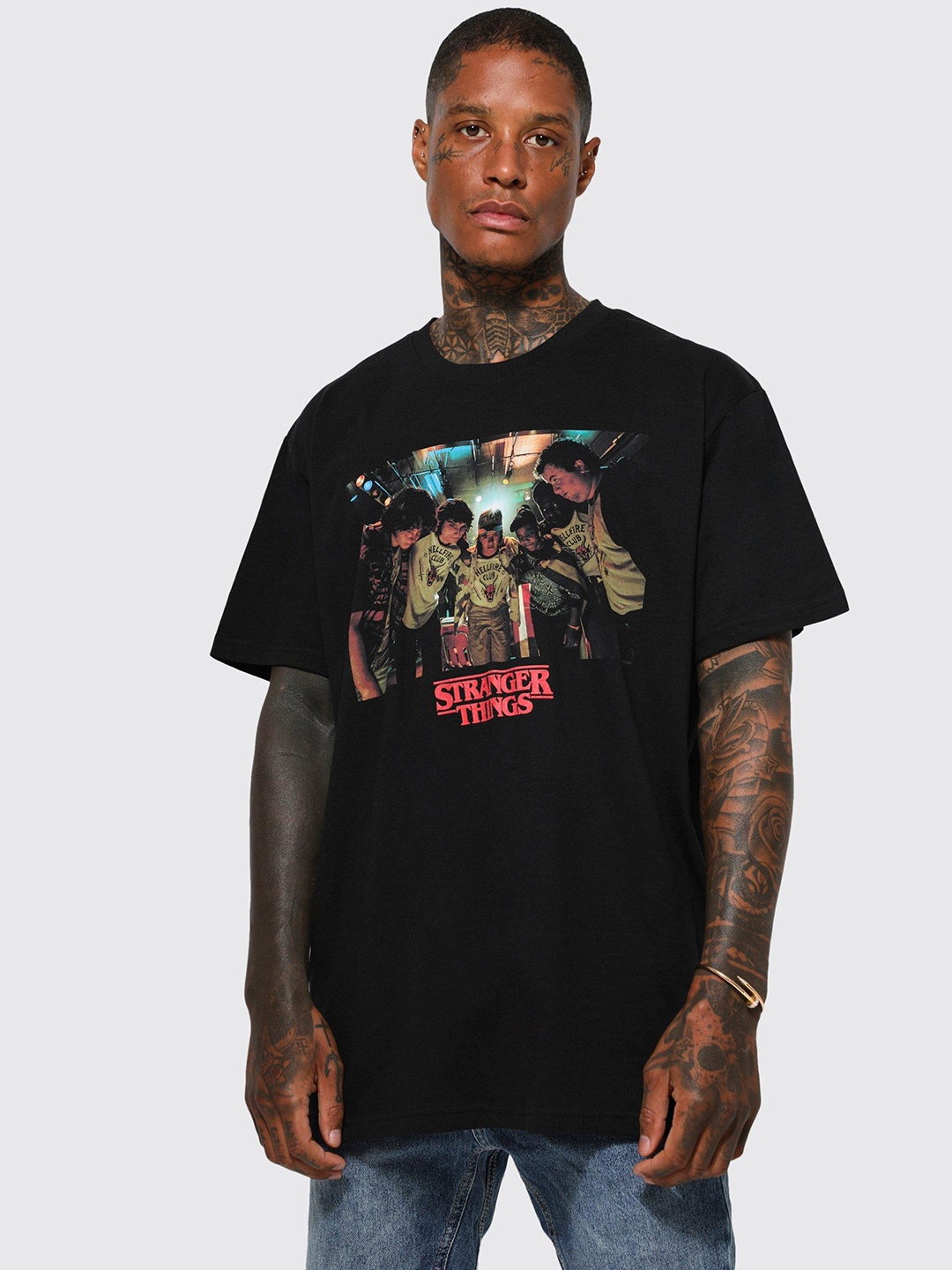

boohooMAN Stranger Things Print Pure Cotton T-shirt, Black