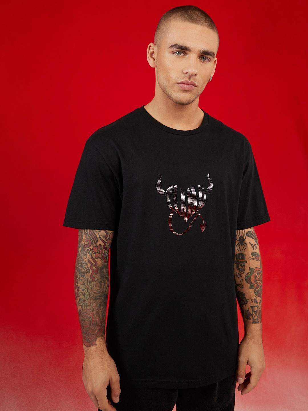 

boohooMAN Rhinestone-Decorated Ti Amo Pure Cotton T-shirt, Black