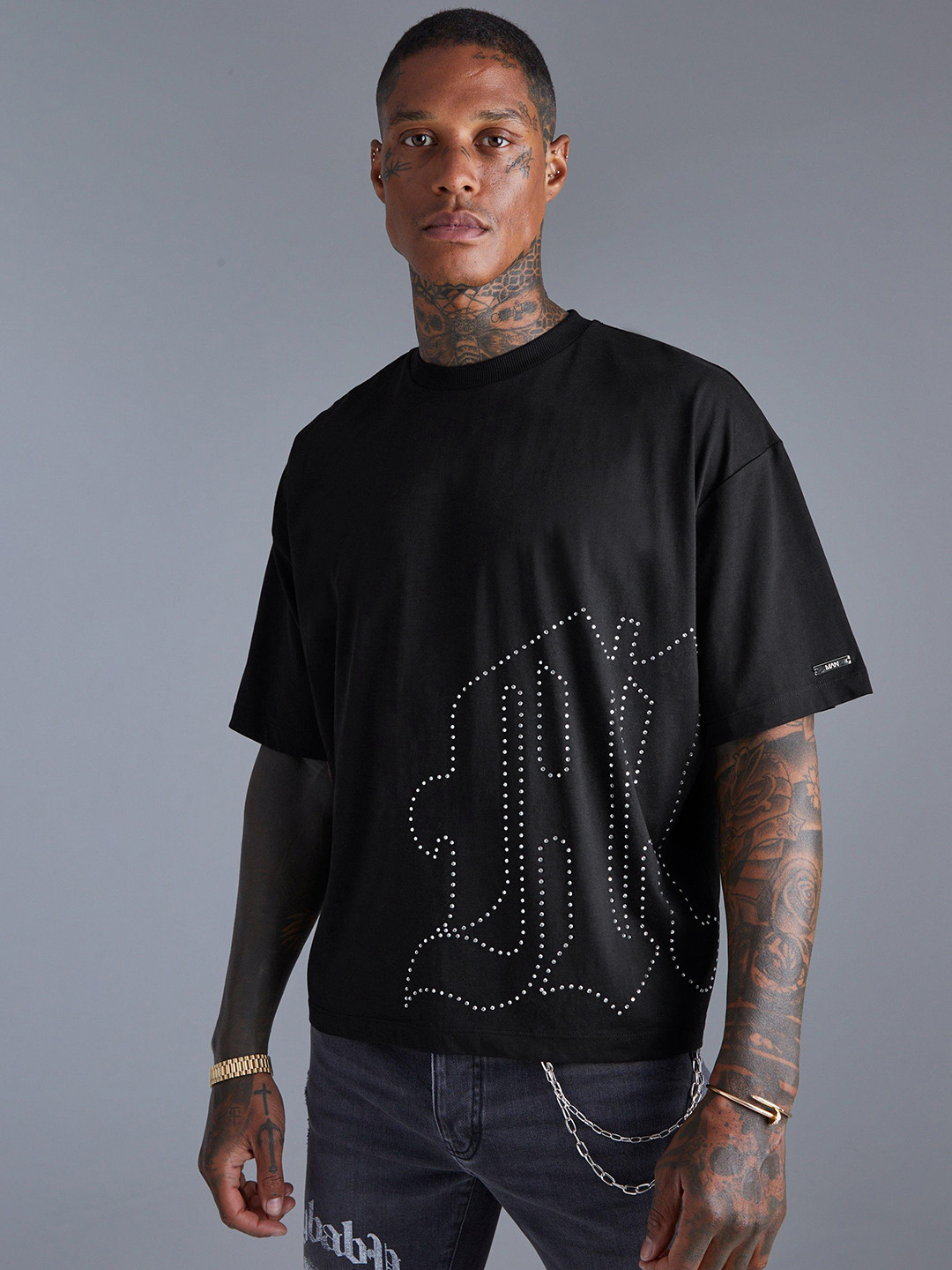 

boohooMAN Embellished Pure Cotton Oversized T-shirt, Black