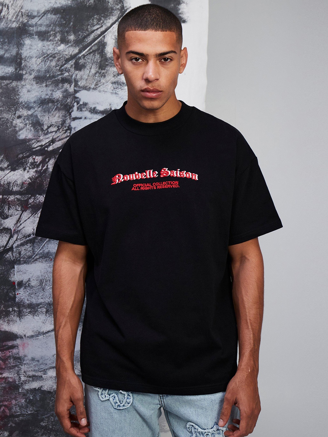 

boohooMAN Typography Embroidered Drop-Shoulder Sleeves Pure Cotton Oversized T-shirt, Black