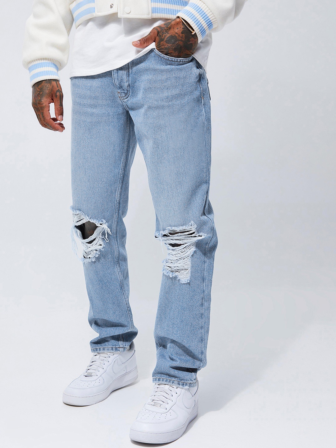 

boohooMAN Straight Fit Highly Distressed Pure Cotton Light Fade Jeans, Blue