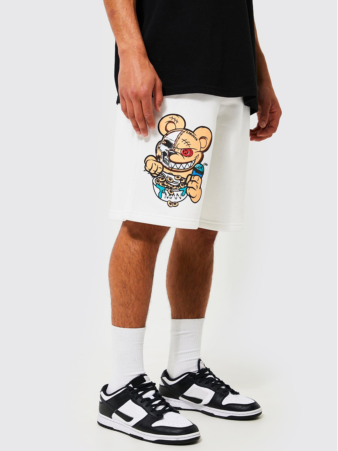 

boohooMAN Oversized Evil Teddy Printed High-Rise Jersey Shorts, White