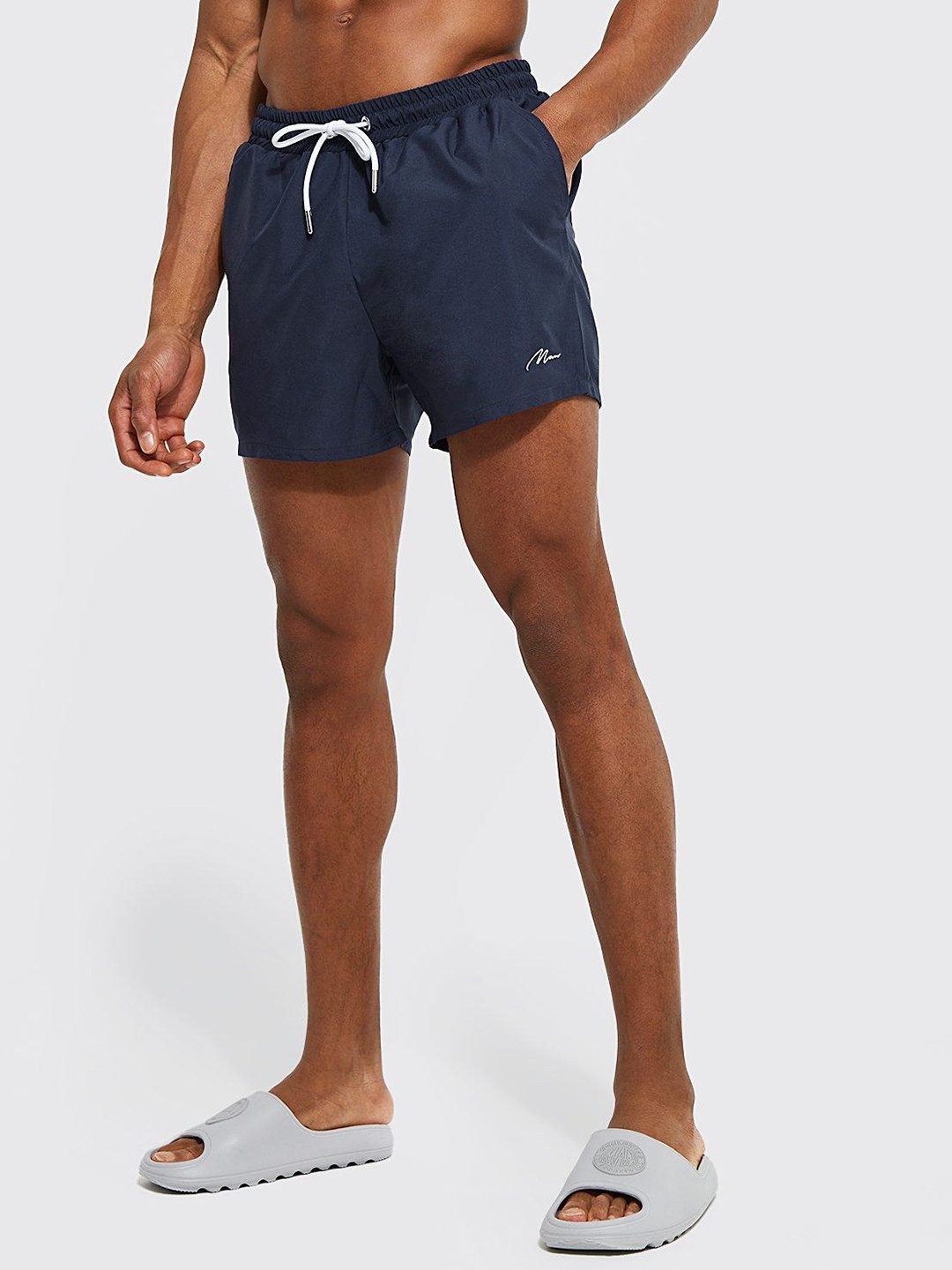 

boohooMAN Signature Mid Length Swim Shorts, Navy blue