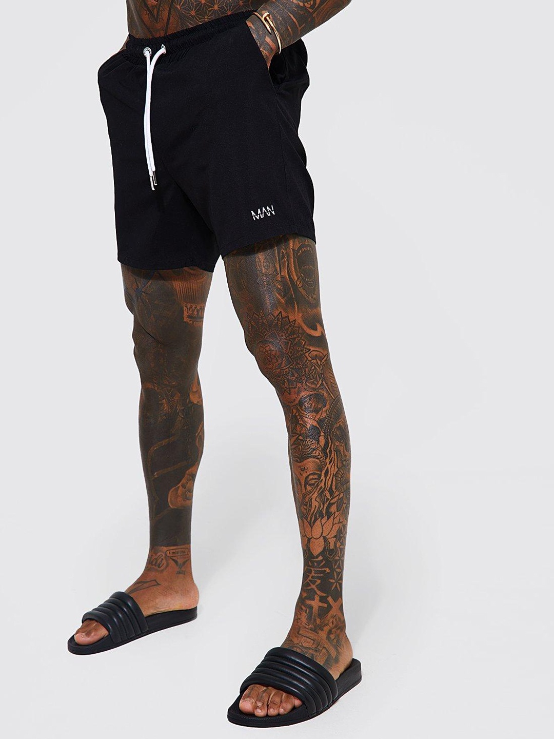 

boohooMAN Solid Mid-Rise Swim Shorts, Black