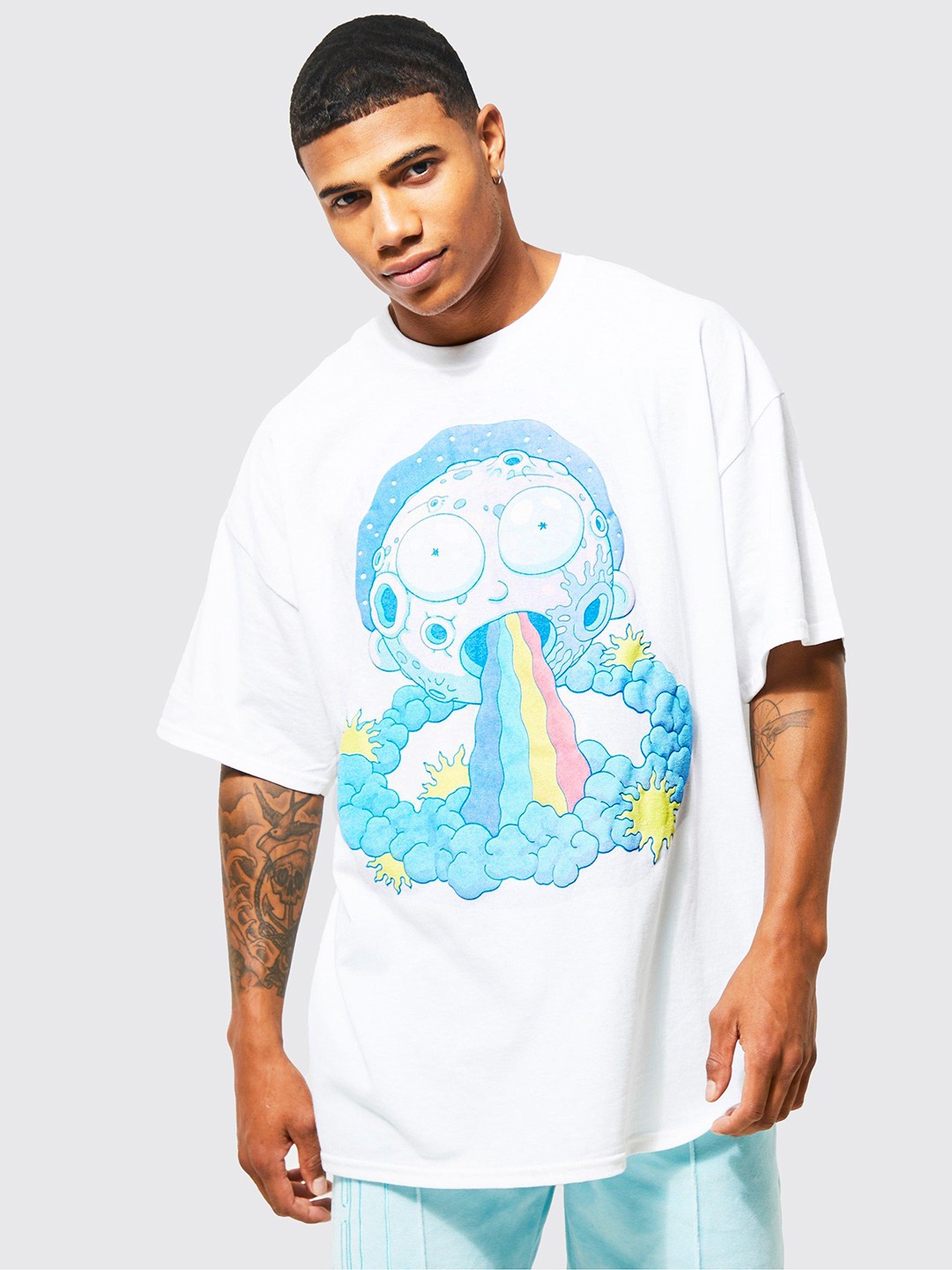 boohooMAN Oversized Morty Puff Printed Drop-Shoulder Sleeves Pure Cotton T-shirt, White