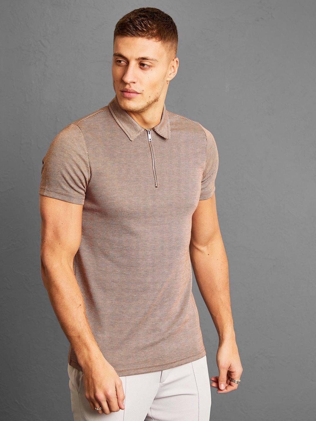 

boohooMAN Jacquard Checked Polo Collar Slim Fit T-shirt, Brown