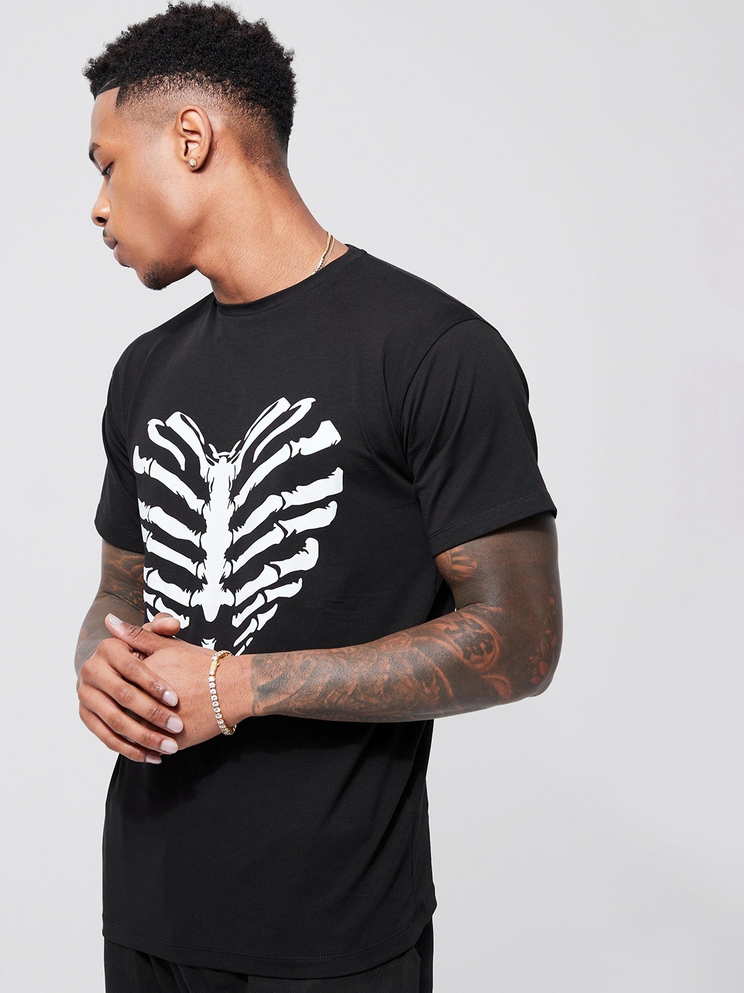 

boohooMAN Printed Pure Cotton Slim Fit T-shirt, Black
