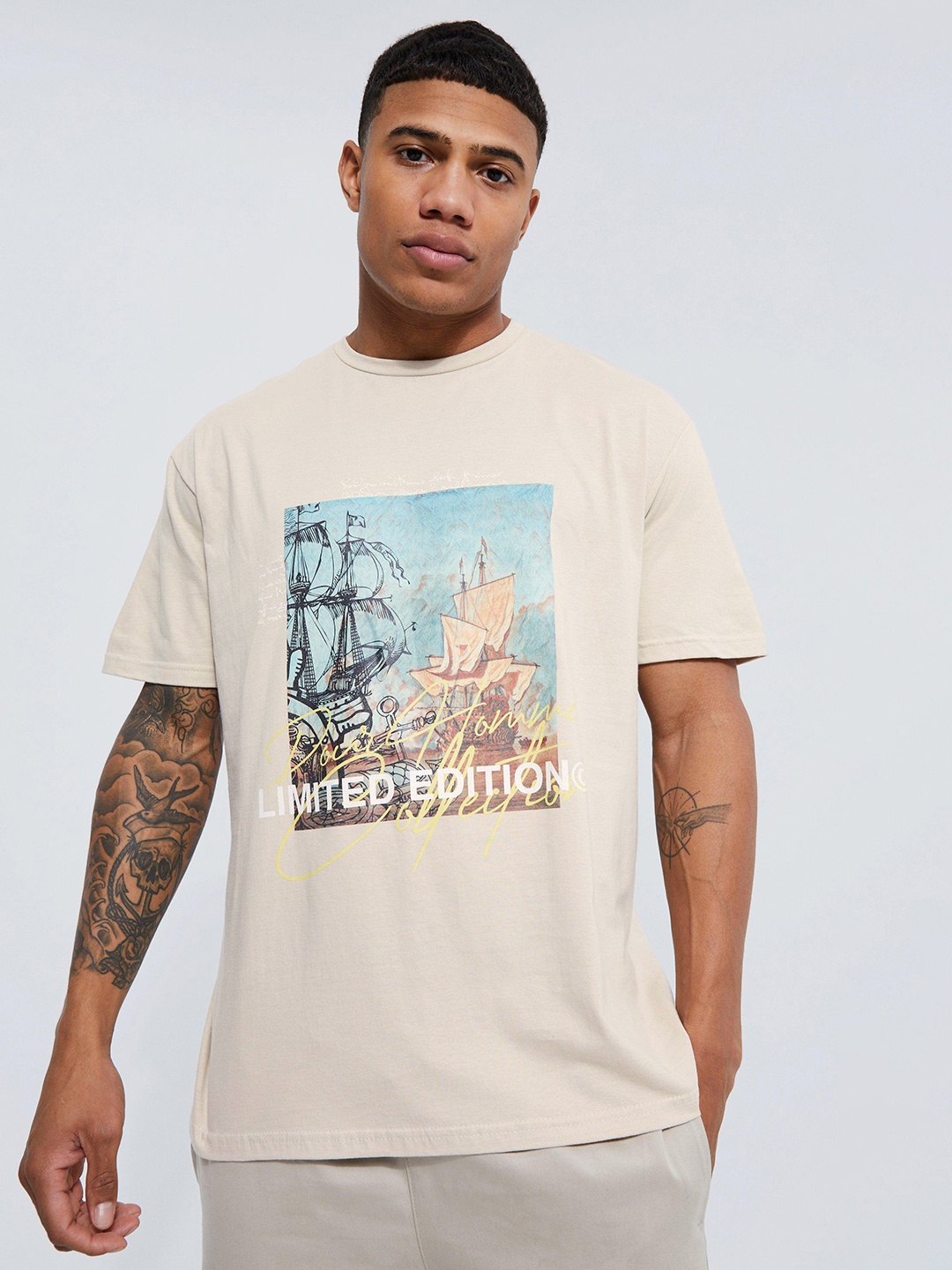 

boohooMAN Graphic Printed Pure Cotton Oversized T-shirt, Taupe