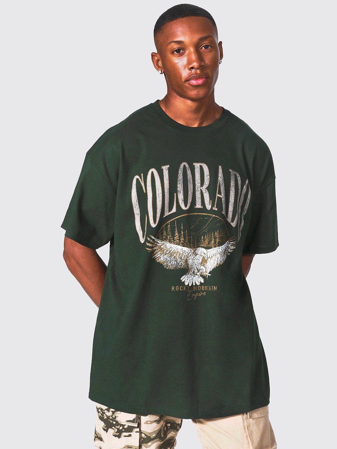

boohooMAN Typography Printed Drop-Shoulder Sleeves Pure Cotton Oversized T-shirt, Olive
