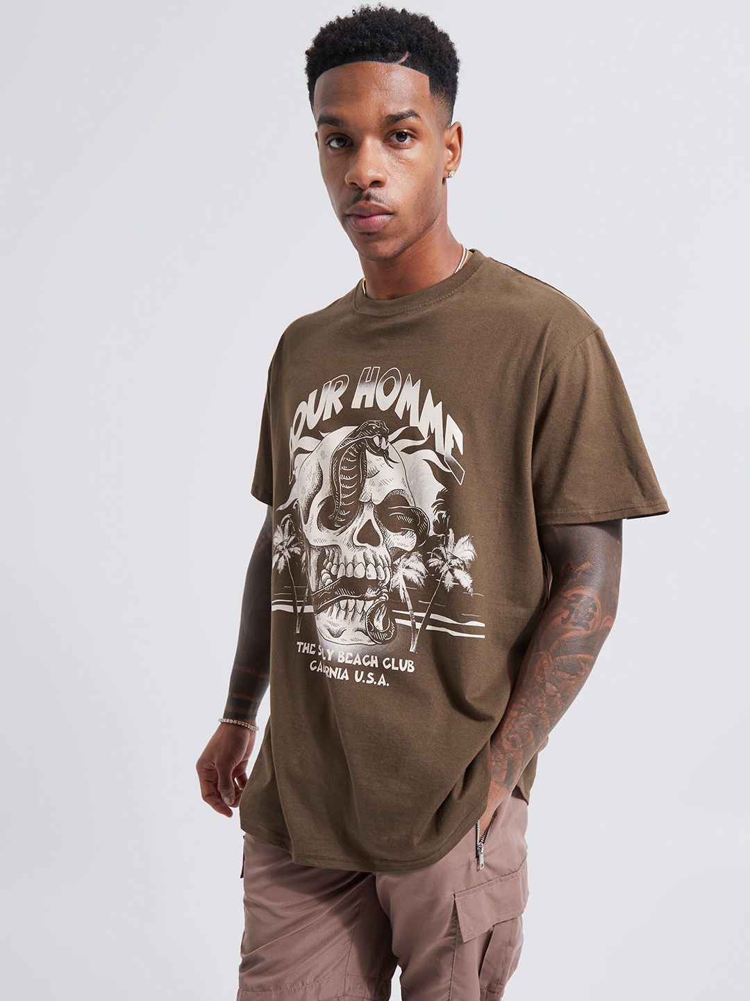 

boohooMAN Oversized Homme Skull Printed Drop-Shoulder Sleeves T-shirt, Brown