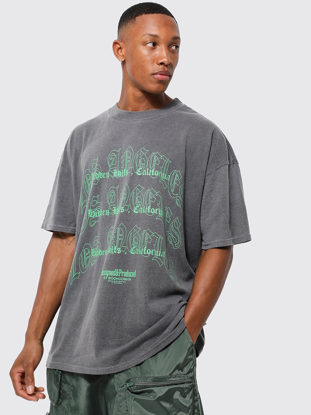 

boohooMAN Typography Print Drop-Shoulder Sleeves Oversized T-shirt, Grey