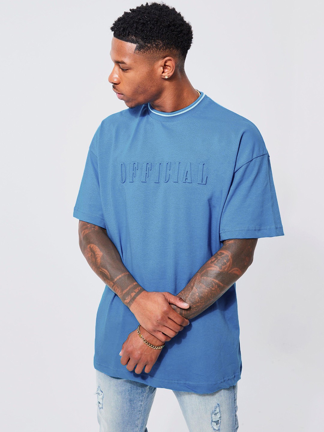 

boohooMAN Oversized Official Debossed Pure Cotton Printed Drop-Shoulder Sleeves T-shirt, Blue