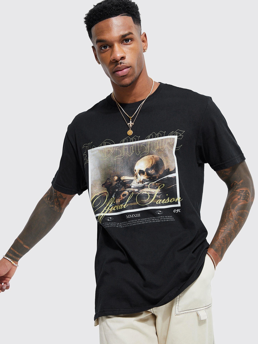 

boohooMAN Oversized Graphic Printed Drop-Shoulder Sleeves T-shirt, Navy blue