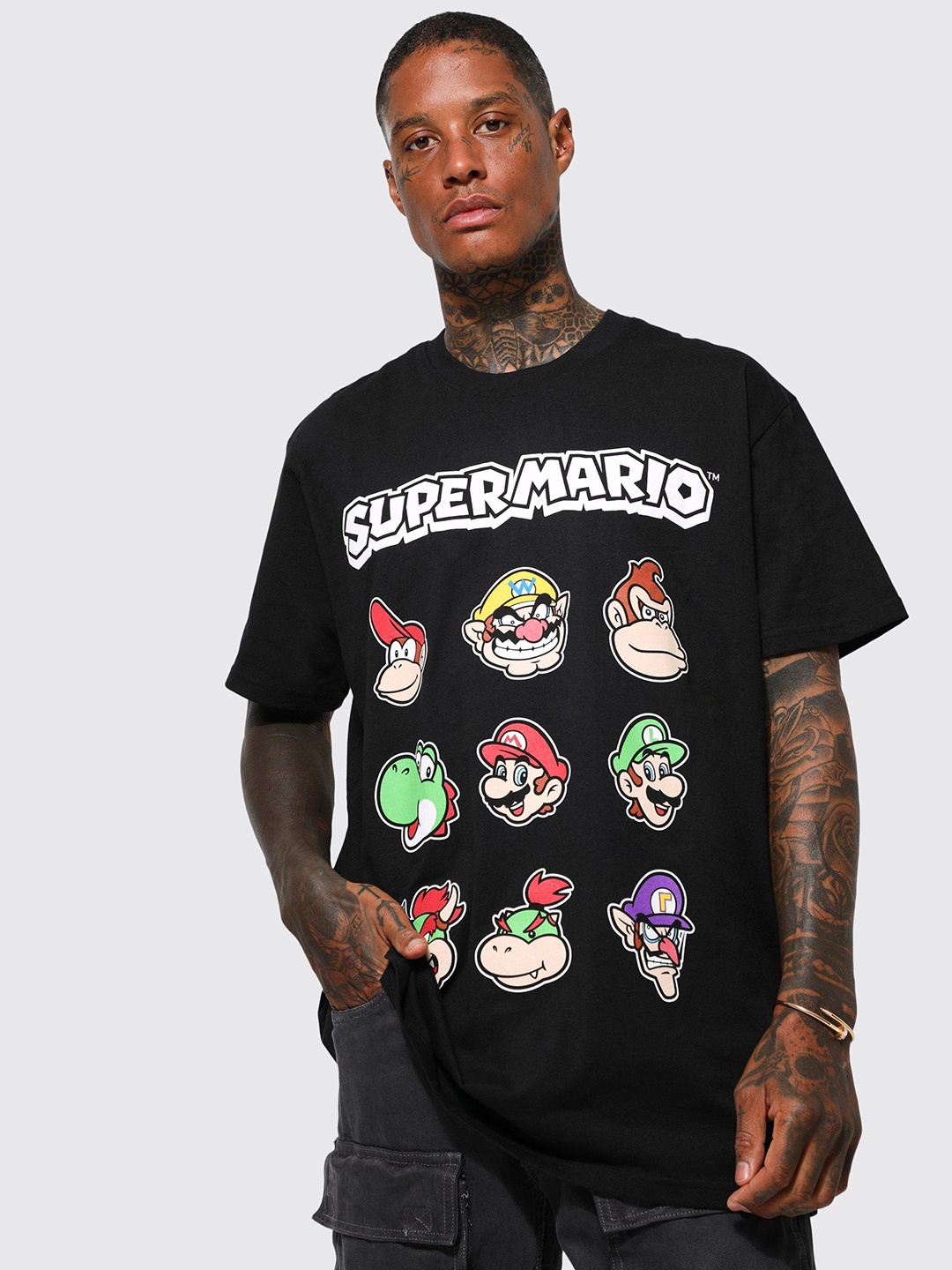

boohooMAN Super Mario Printed Pure Cotton Oversized T-shirt, Black