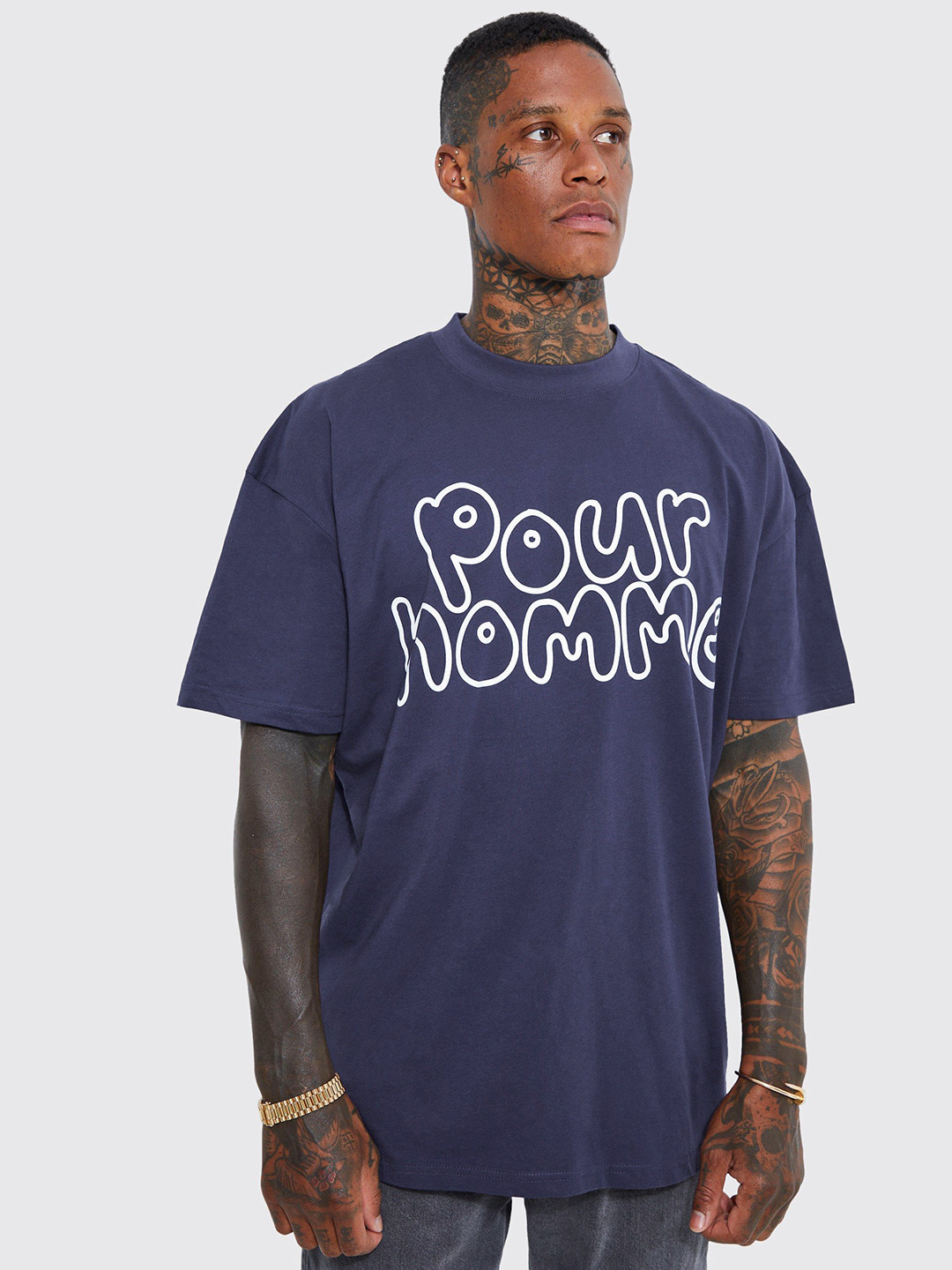 

boohooMAN Typography Printed Pure Cotton Oversized T-shirt, Navy blue