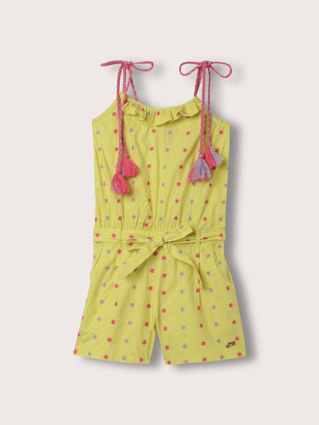 

Blue Giraffe Girls Printed Pure Cotton Playsuit, Lime green