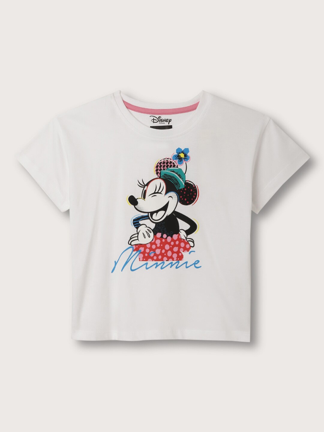 

Blue Giraffe Girls Minnie Mouse Printed Pure Cotton T-shirt, White