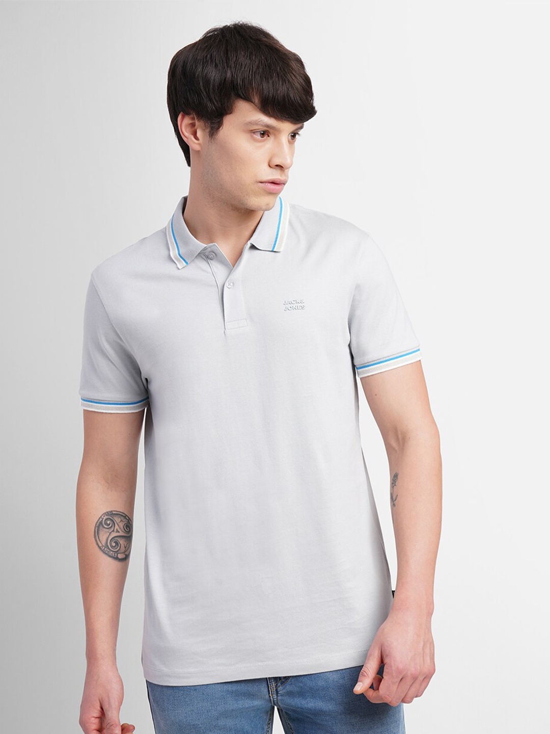 

Jack & Jones Men Grey Polo Collar Slim Fit T-shirt