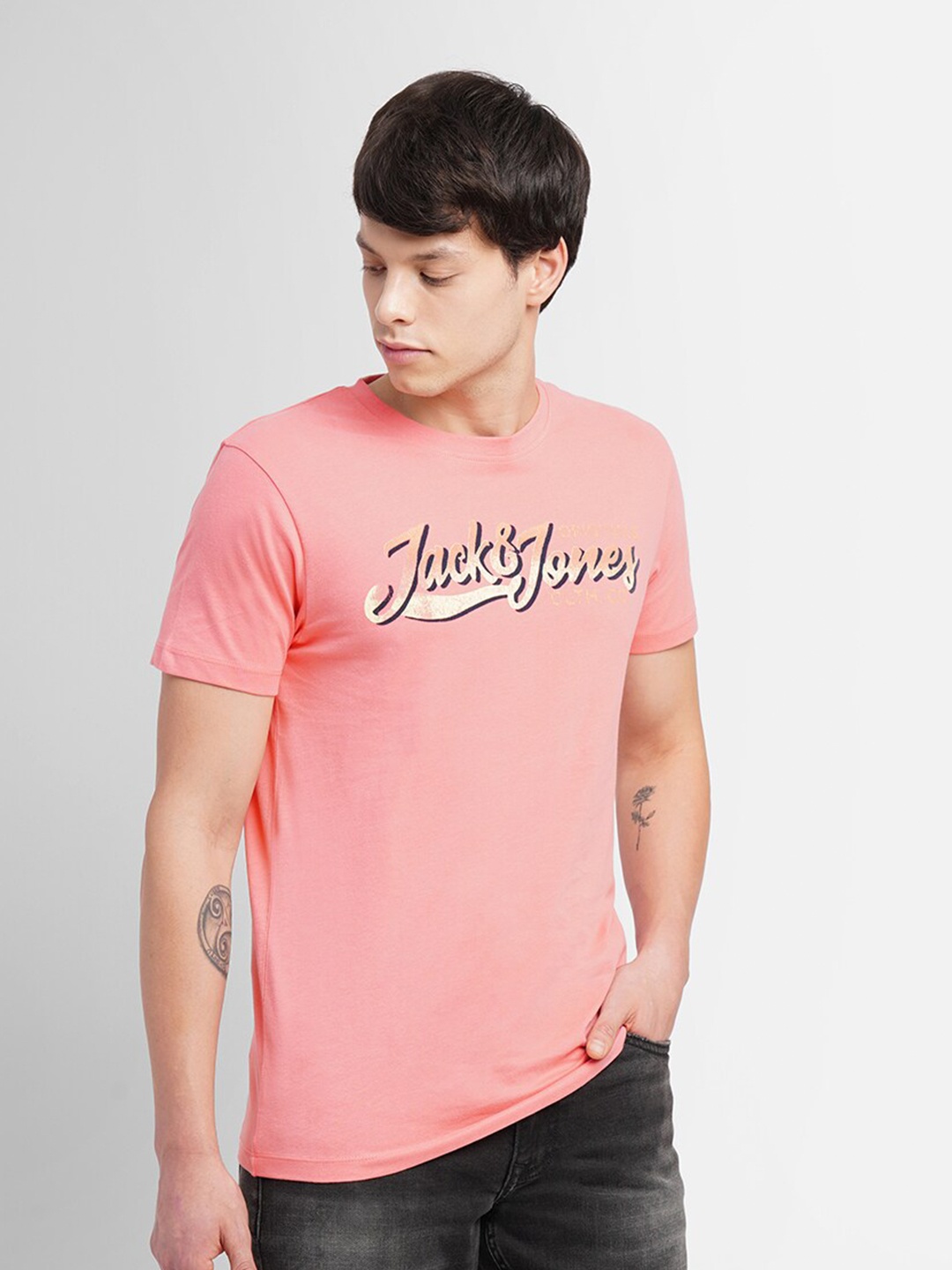 

Jack & Jones Typography Printed Cotton Slim Fit T-shirt, Pink